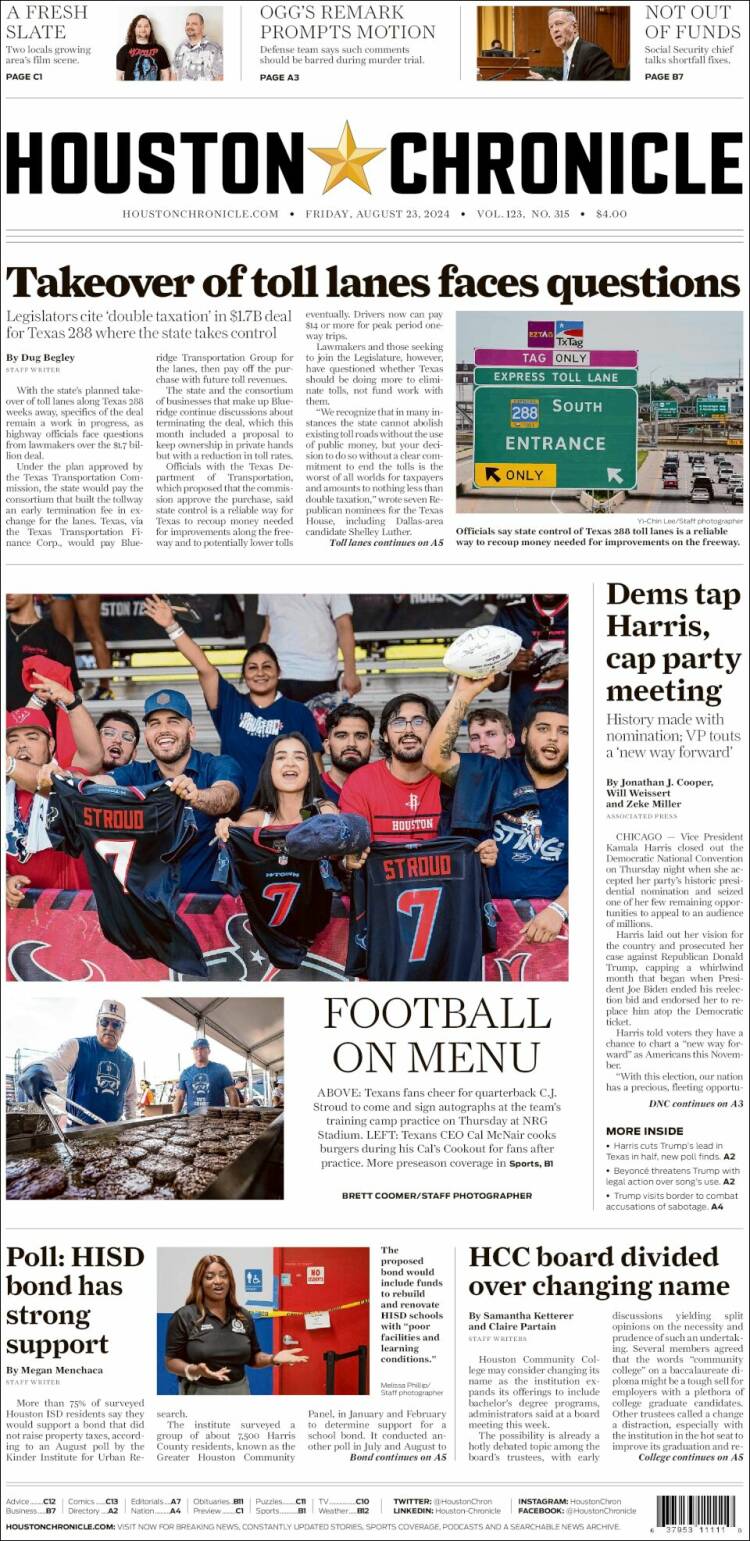 Portada de Houston Chronicle (USA)