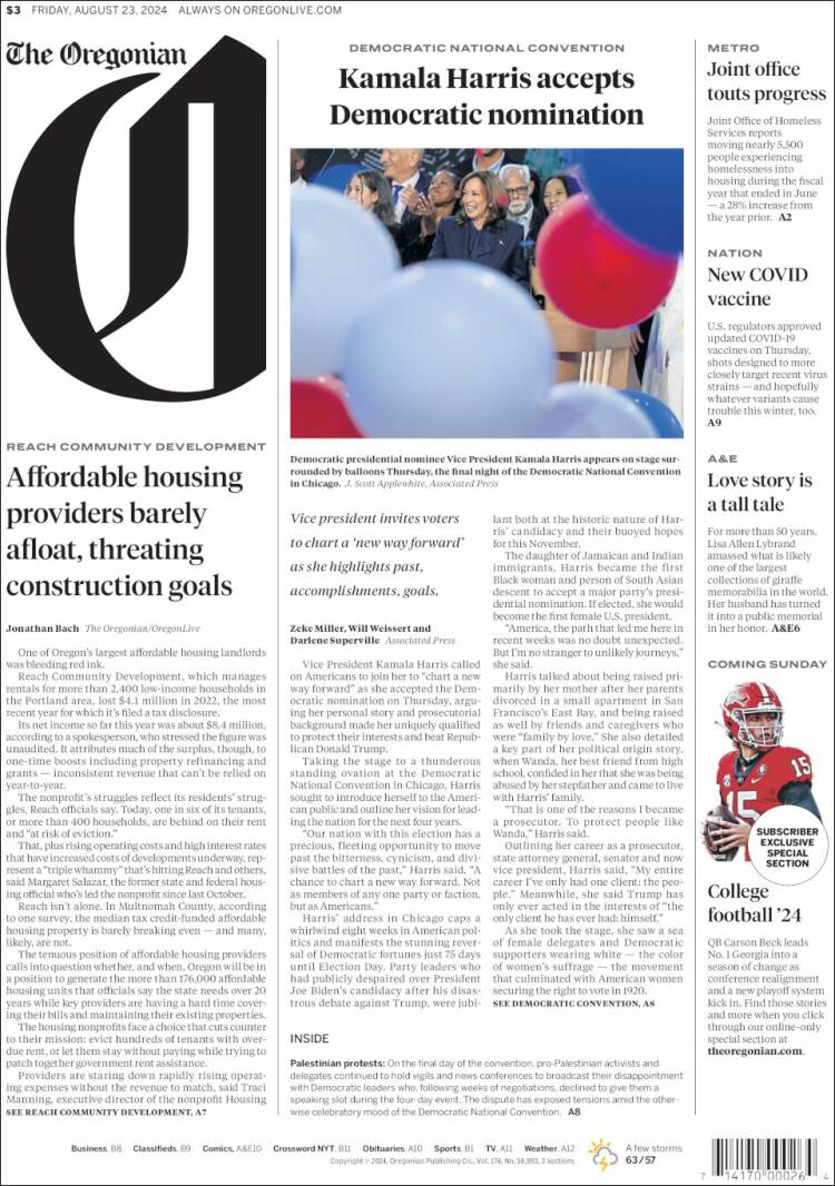 Portada de The Oregonian (USA)