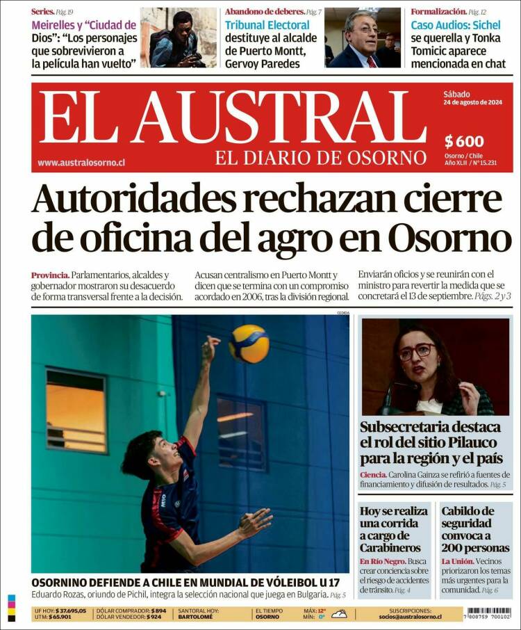 Portada de El Austral de Osorno (Chile)