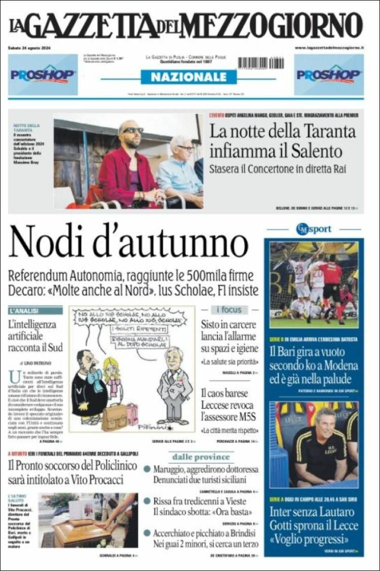 Portada de La Gazzetta del Mezzogiorno (Italia)