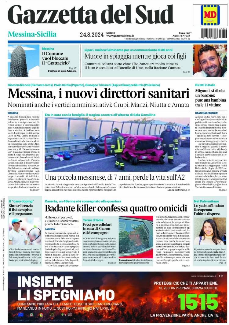 Portada de Gazzetta del Sud (Italia)