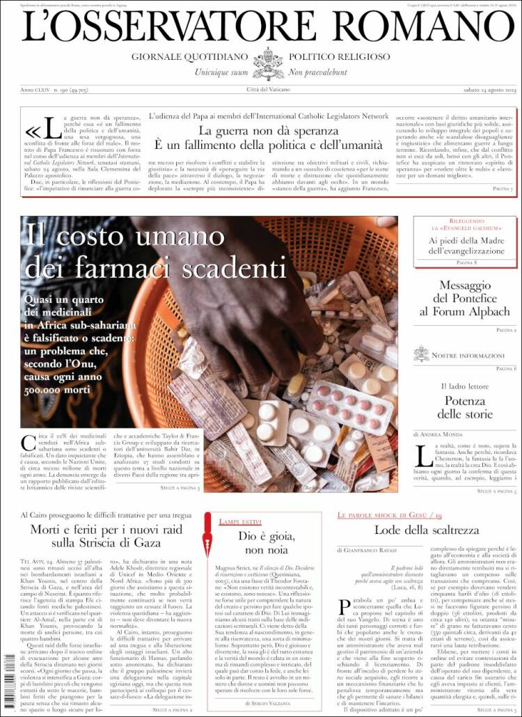 Portada de L'Osservatore Romano (Italia)