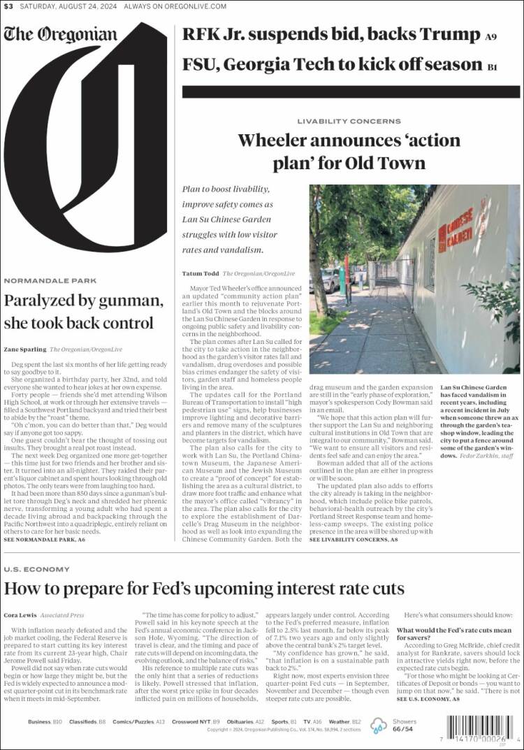 Portada de The Oregonian (USA)