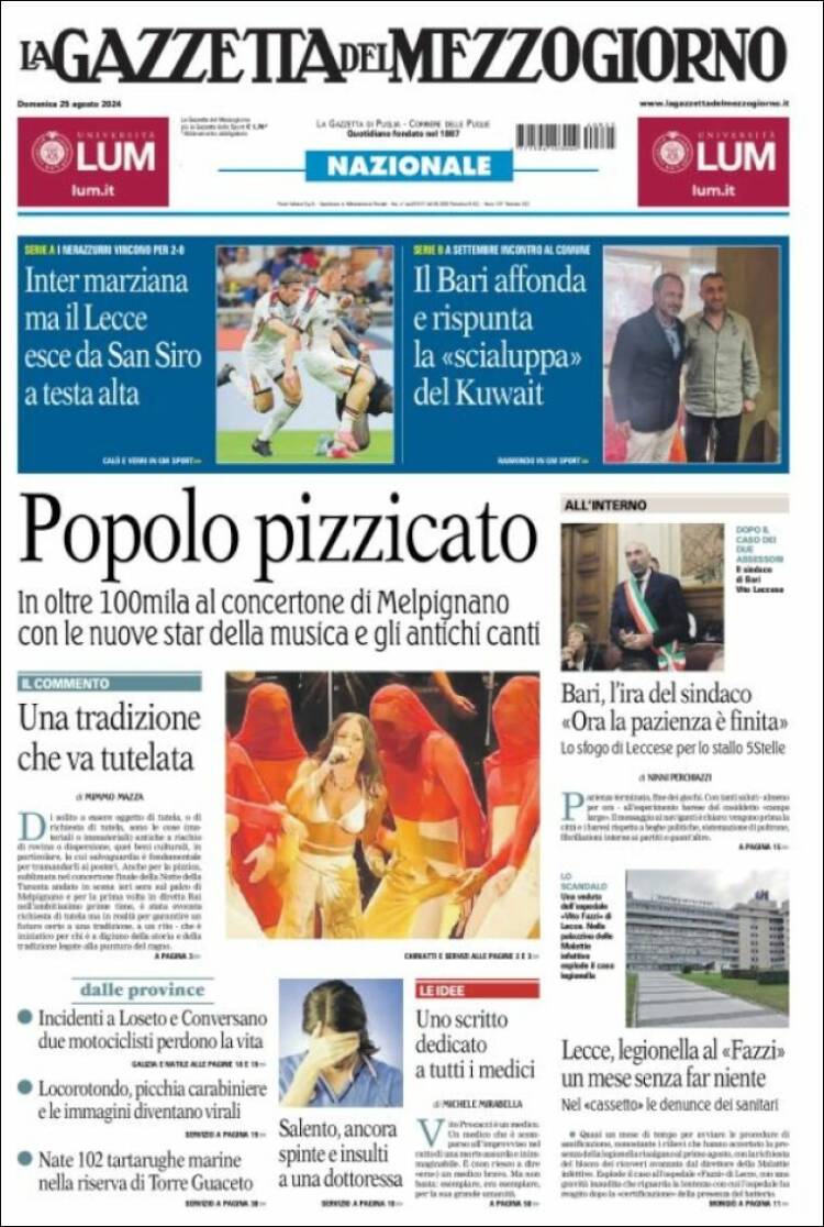Portada de La Gazzetta del Mezzogiorno (Italia)