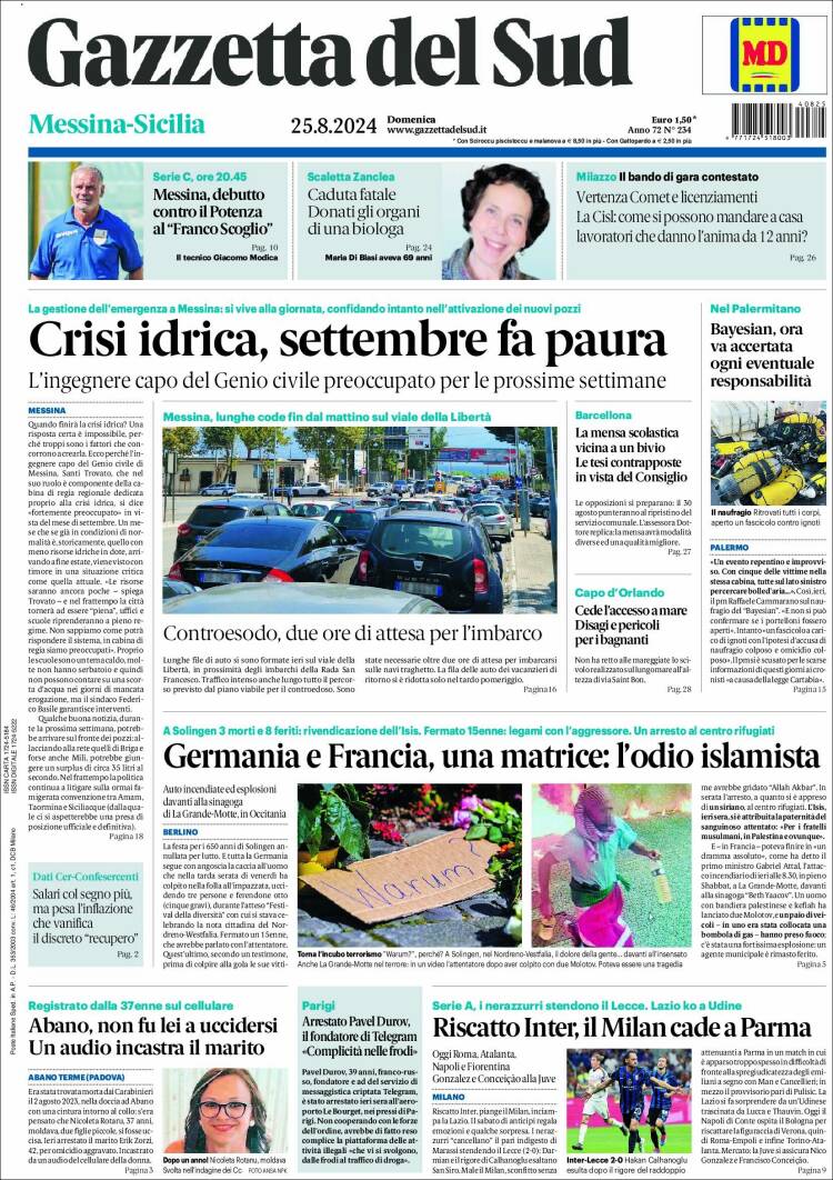 Portada de Gazzetta del Sud (Italia)
