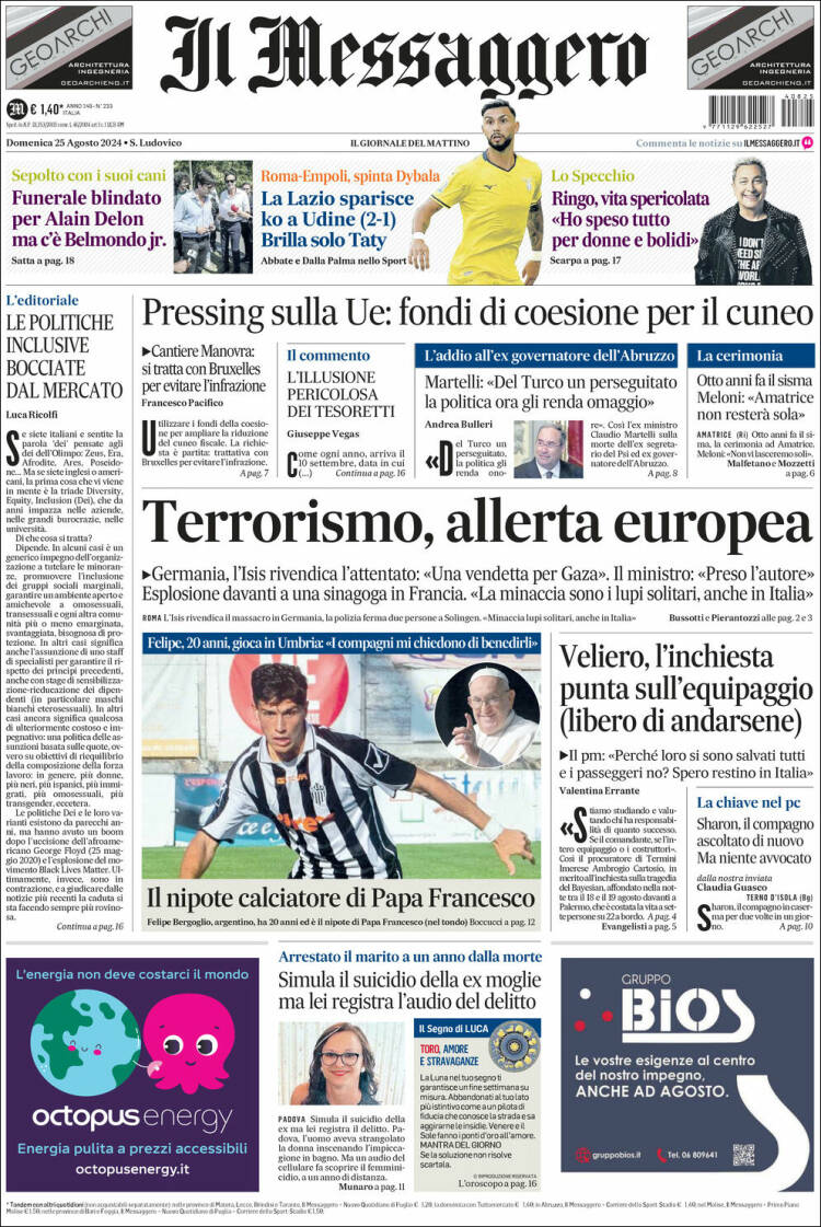 Portada de Il Messaggero (Italia)