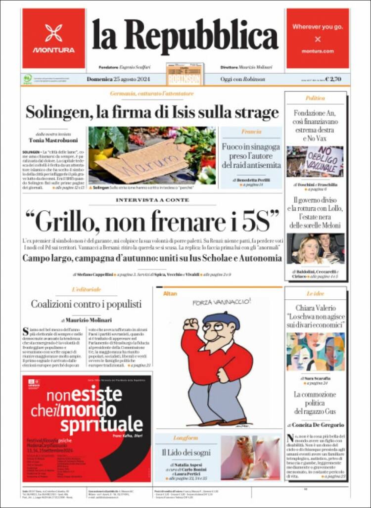 Portada de La Repubblica (Italia)