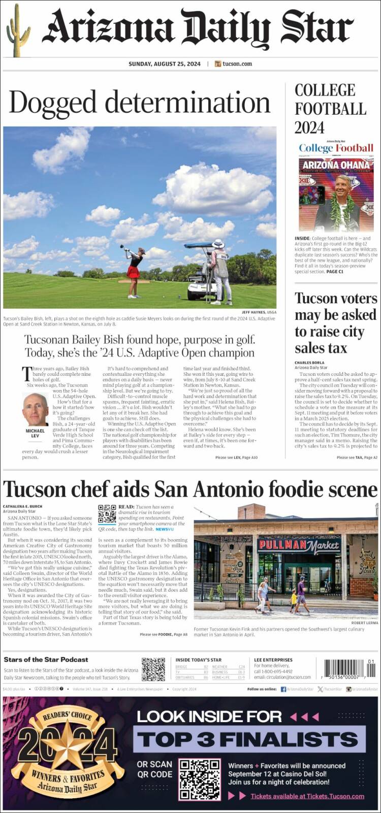 Portada de Arizona Daily Star (USA)