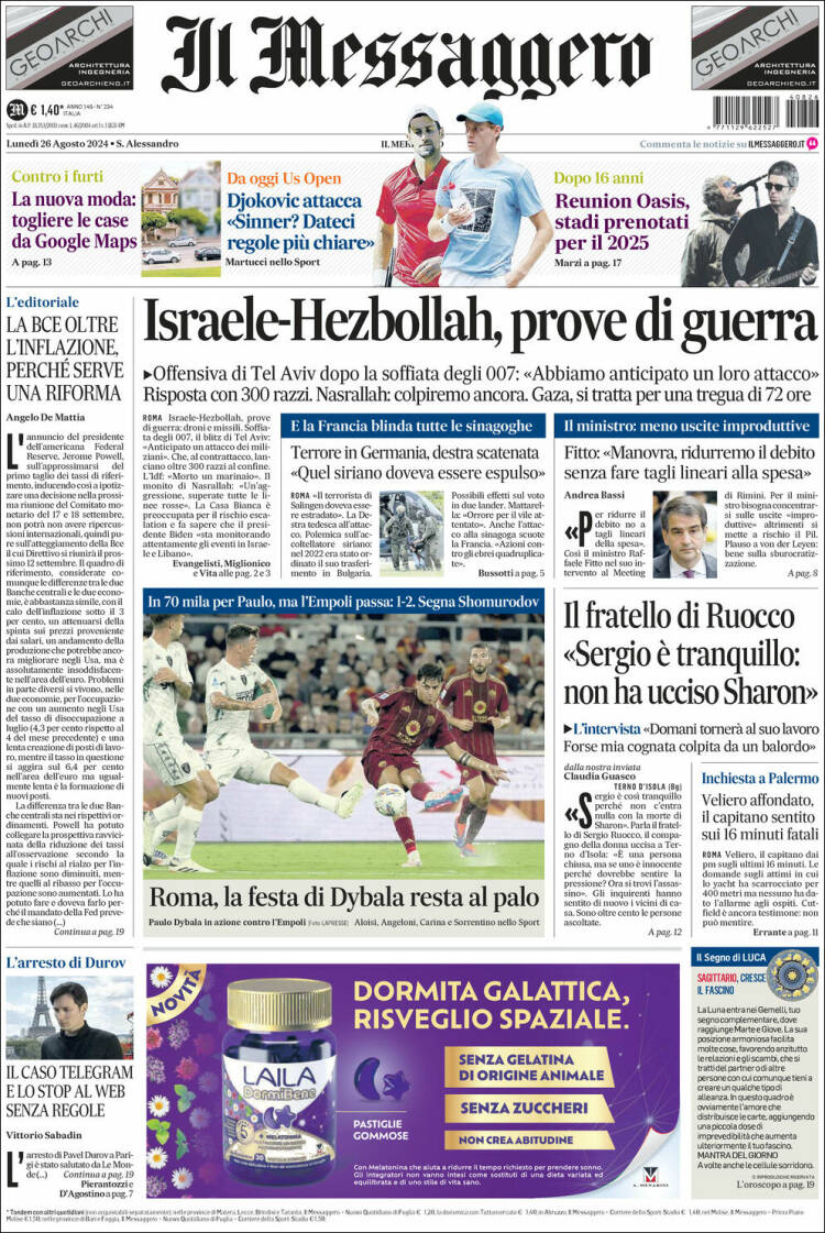 Portada de Il Messaggero (Italia)