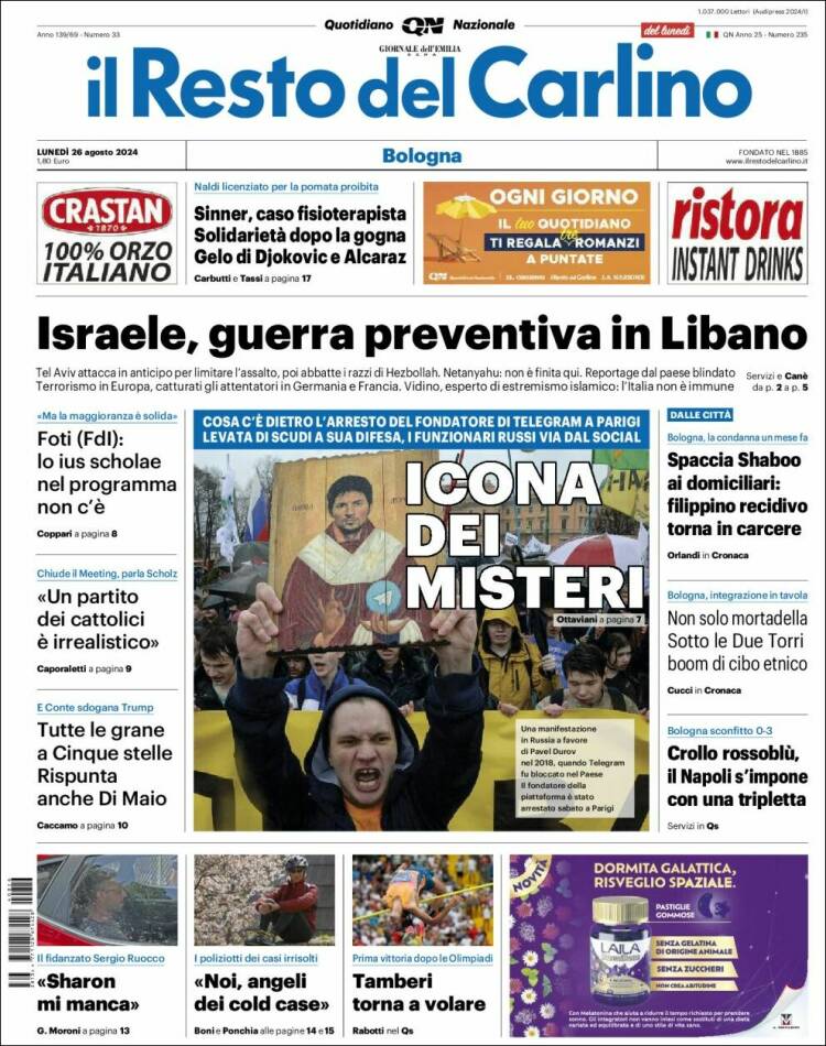 Portada de Il Resto del Carlino (Italia)