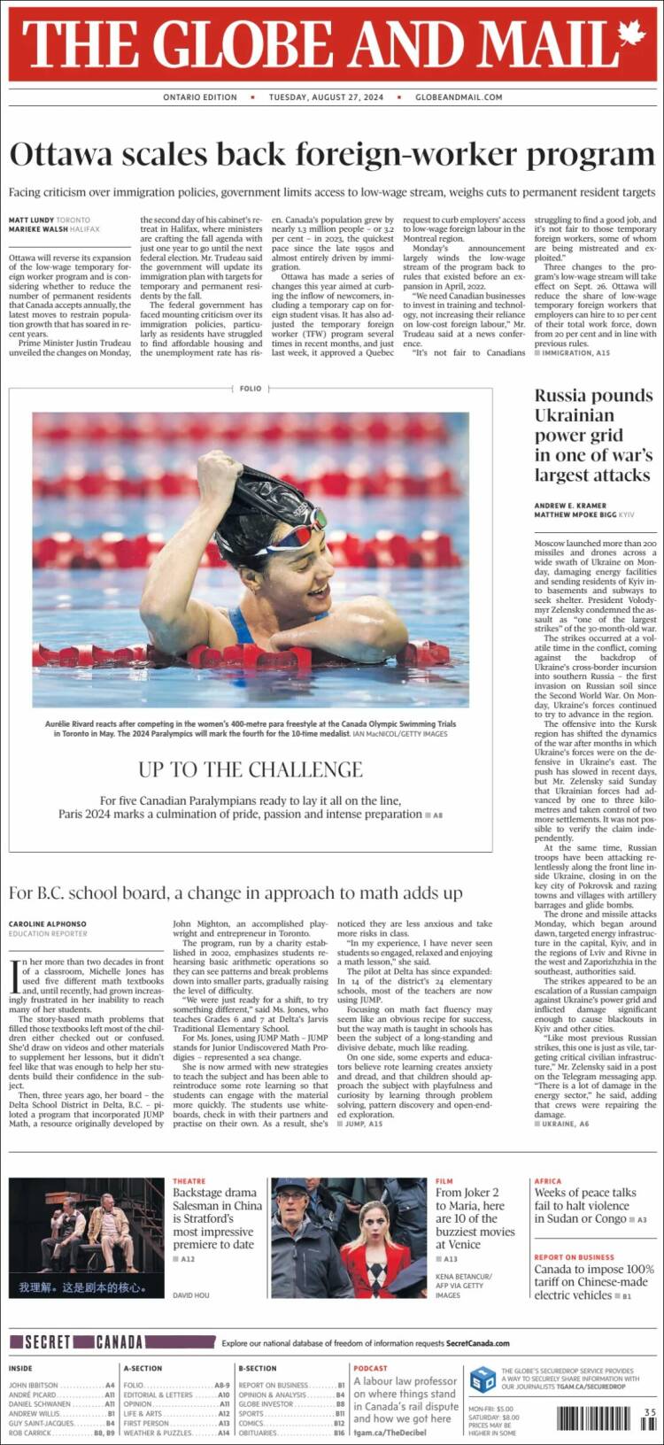 Portada de The Globe and Mail (Canadá)