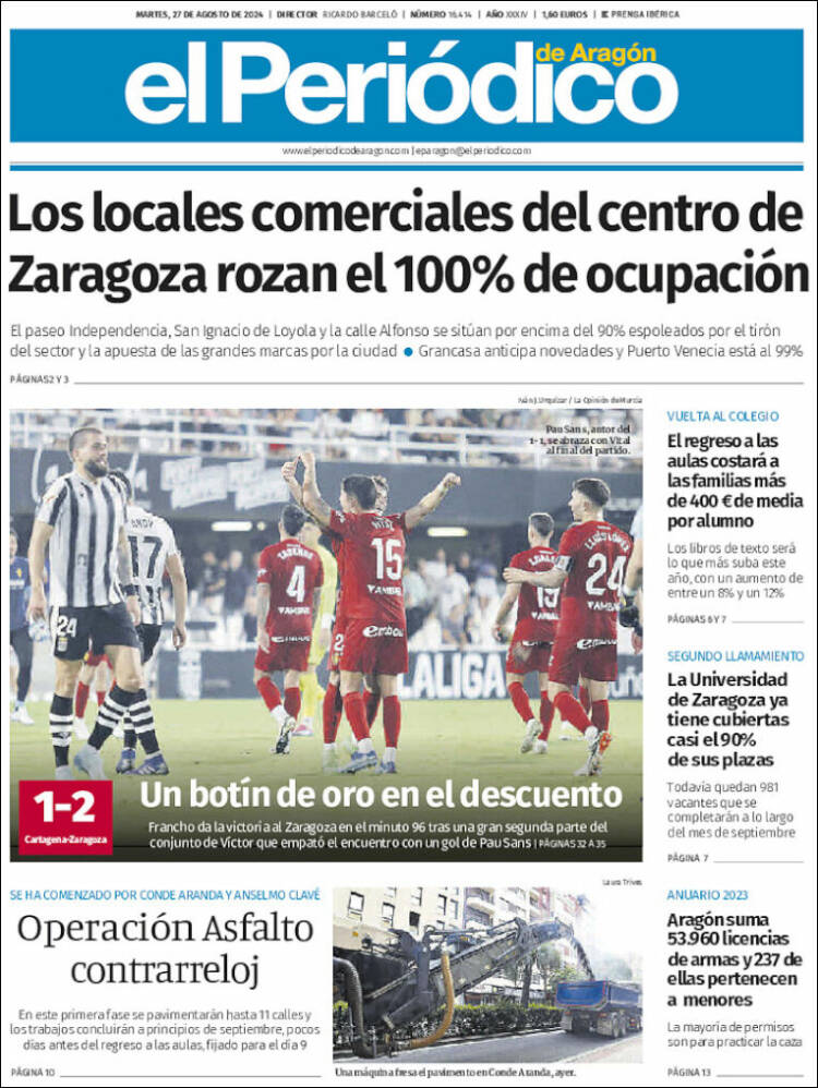 Portada de El Periódico de Aragón (España)