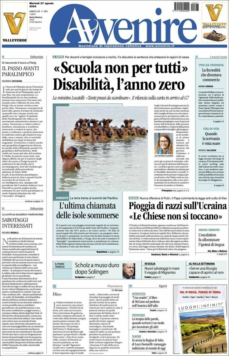 Portada de Avvenire (Italia)