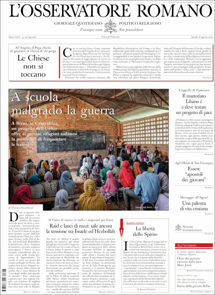 Portada de L'Osservatore Romano (Italia)