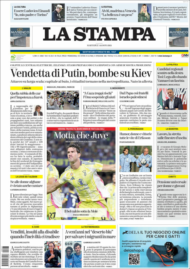 Portada de La Stampa (Italia)