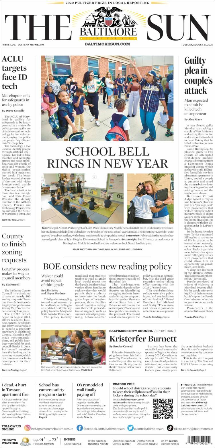 Portada de The Baltimore Sun (USA)