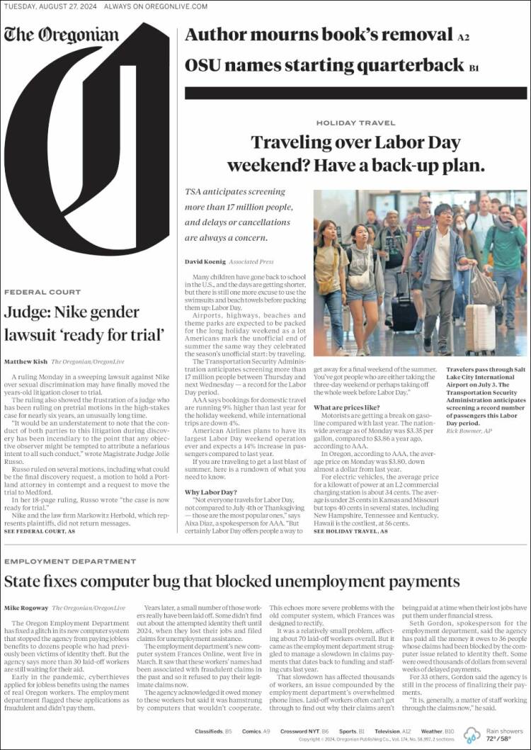 Portada de The Oregonian (USA)