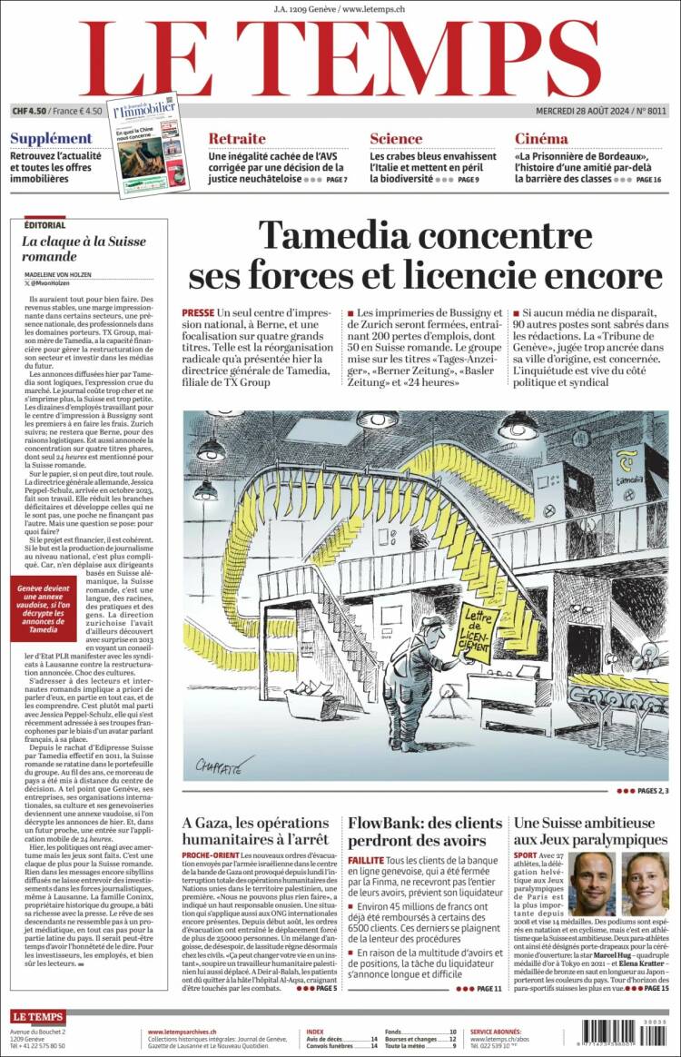 Portada de Le Matin (Suiza)