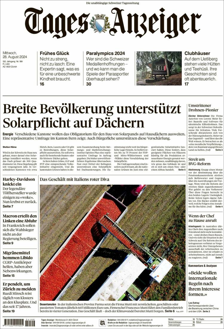 Portada de Tages-Anzeiger (Suiza)