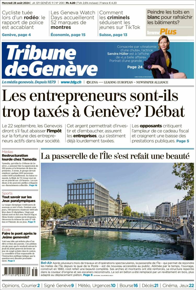 Portada de La Tribune de Genève (Suisse)