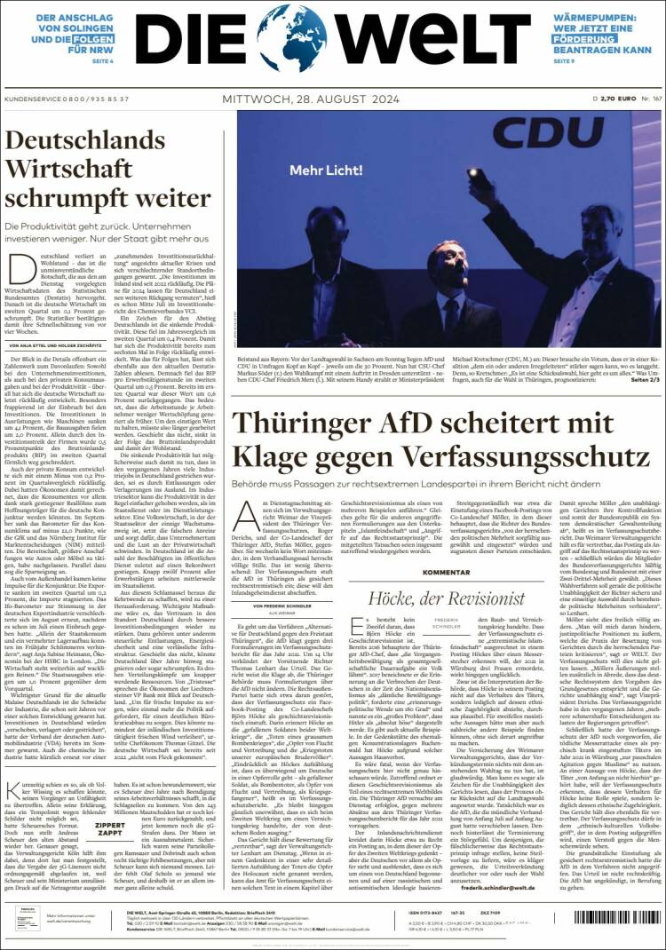 Portada de Die Welt (Alemania)
