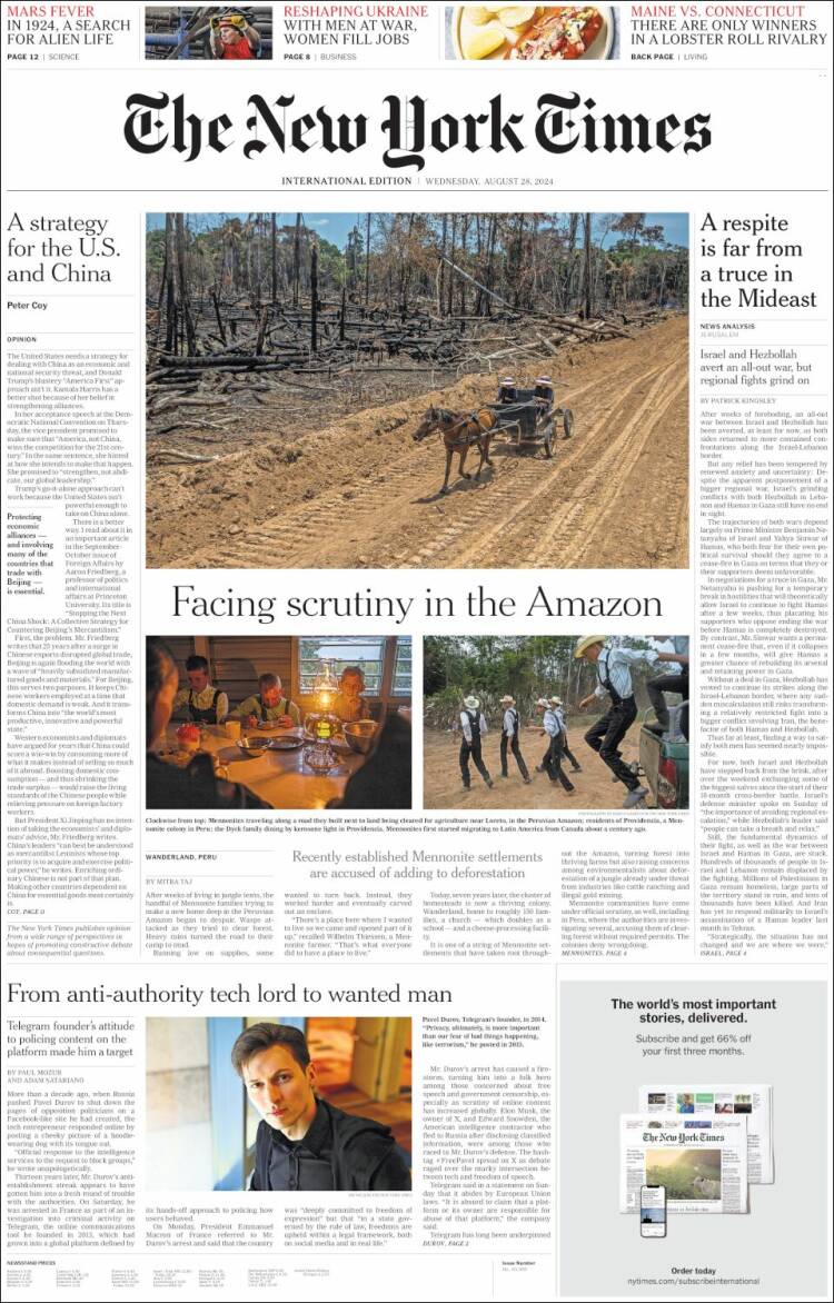 Portada de International New York Times (Europa)