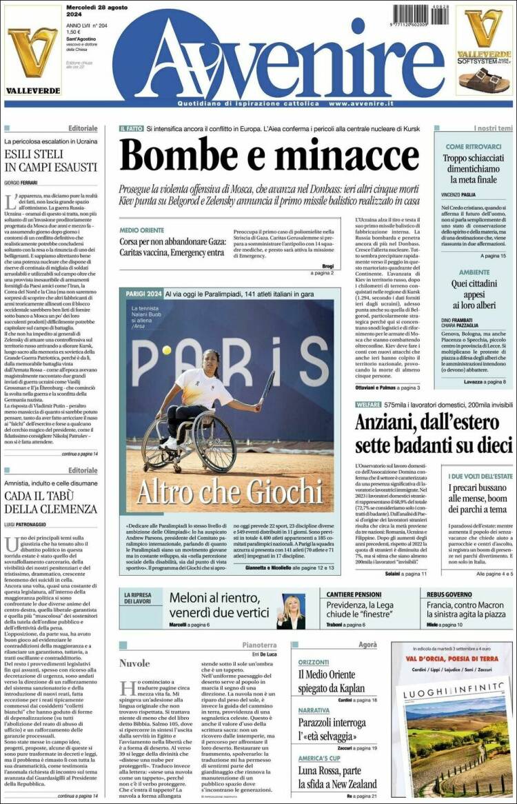Portada de Avvenire (Italia)