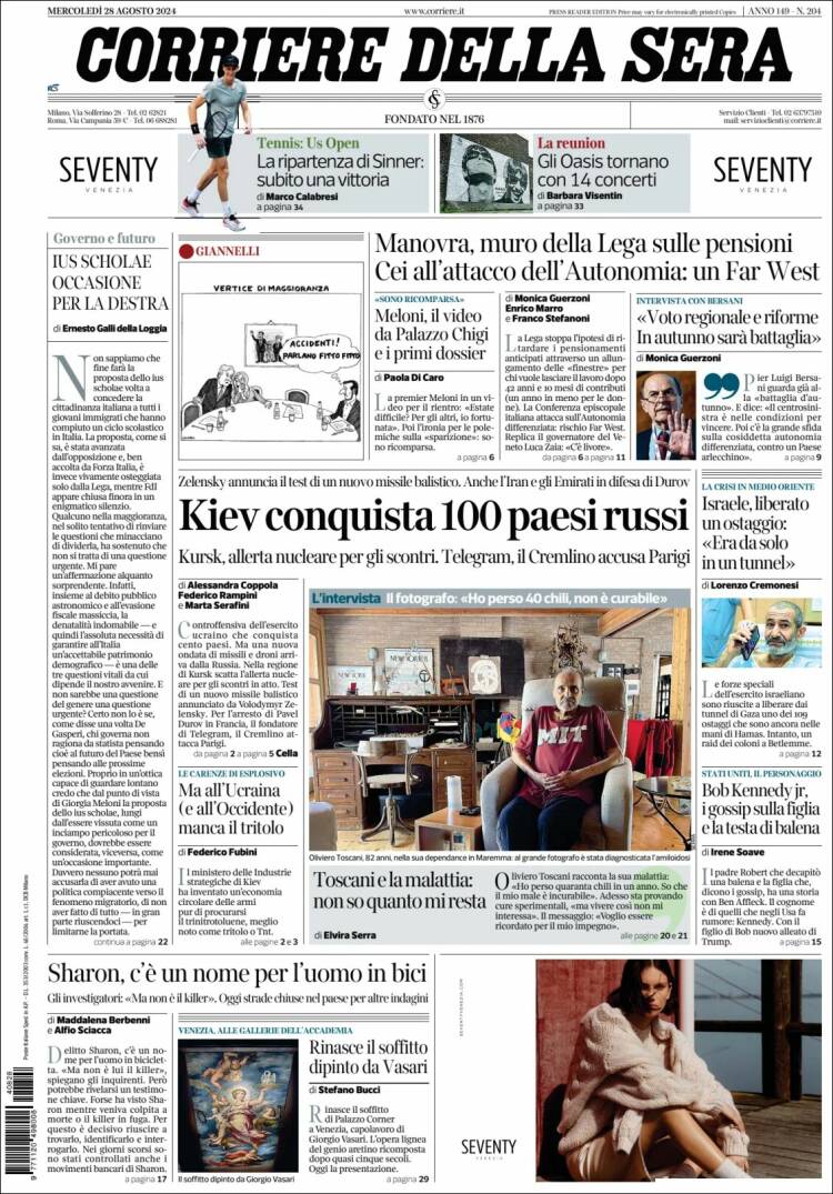 Portada de Corriere della Sera (Italia)