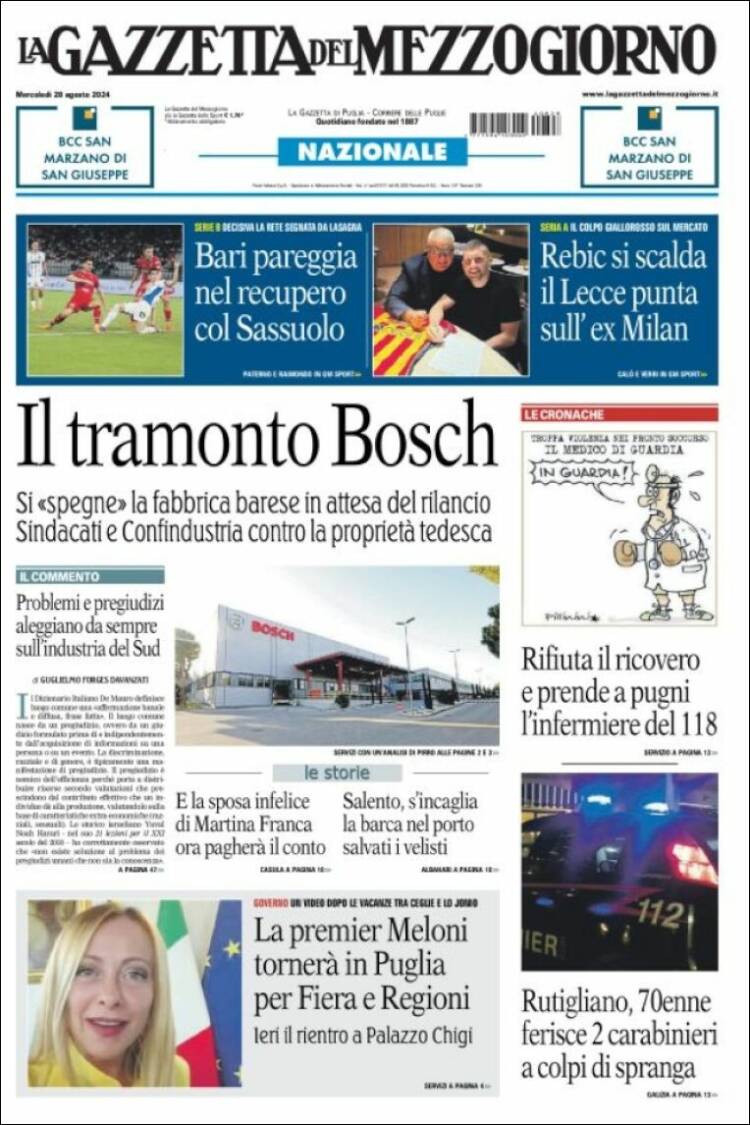 Portada de La Gazzetta del Mezzogiorno (Italia)
