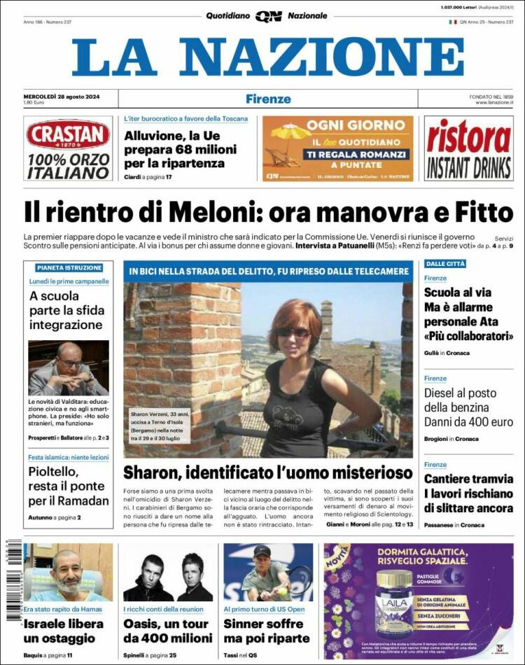Portada de La Nazione (Italia)