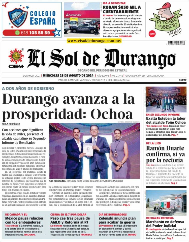 Portada de El Sol de Durango (M&eacute;xico)