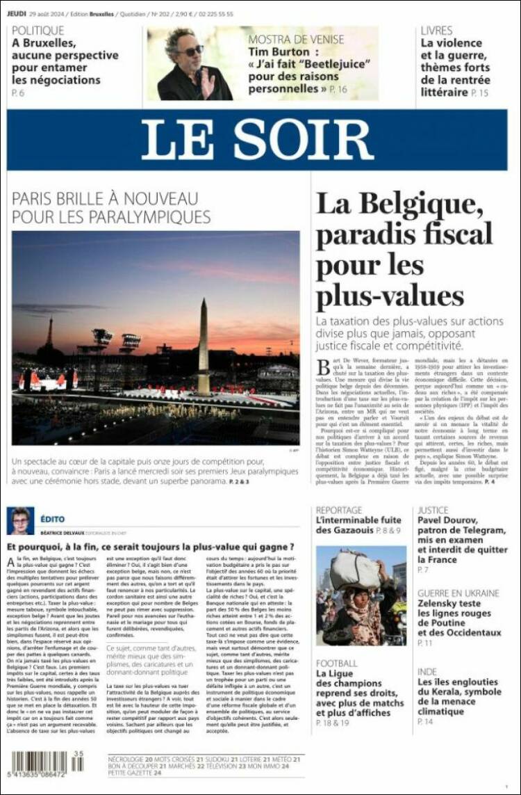 Portada de Le Soir (B&eacute;lgica)