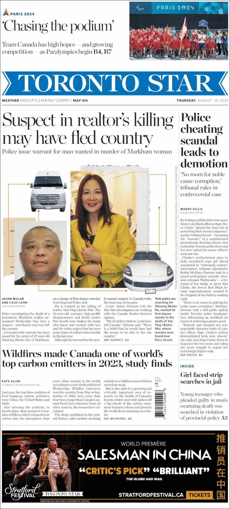 Portada de The Toronto Star (Canadá)