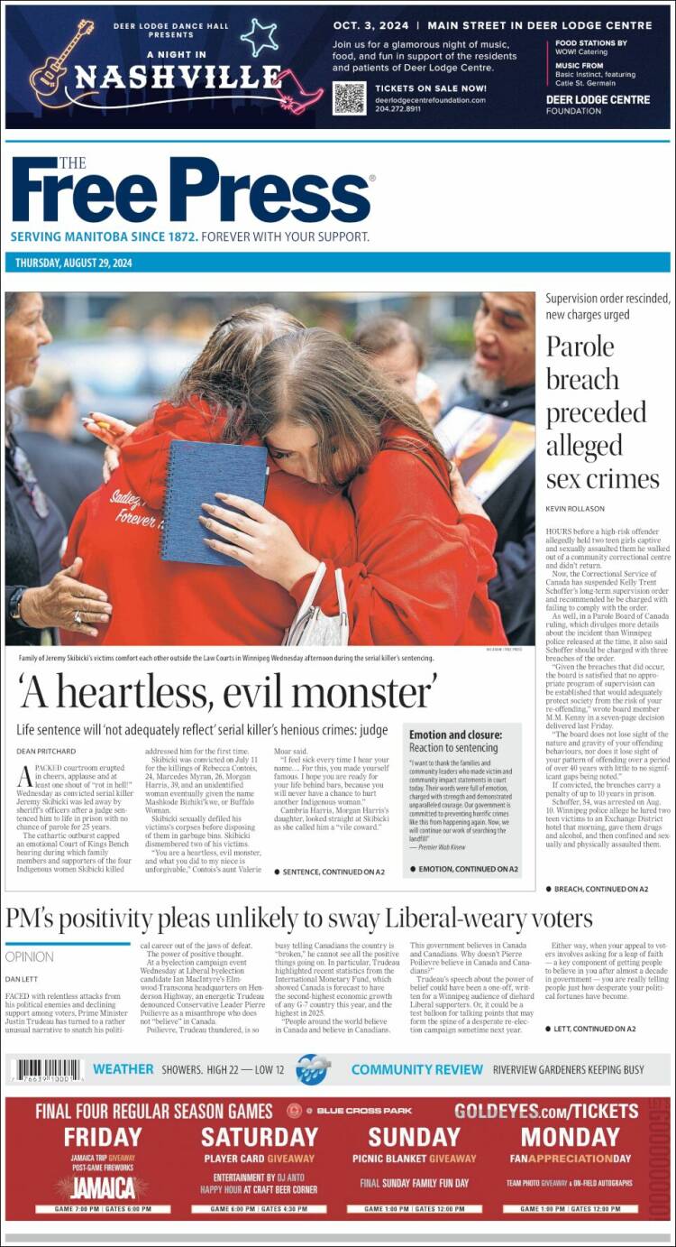 Portada de Winnipeg Free Press (Canadá)
