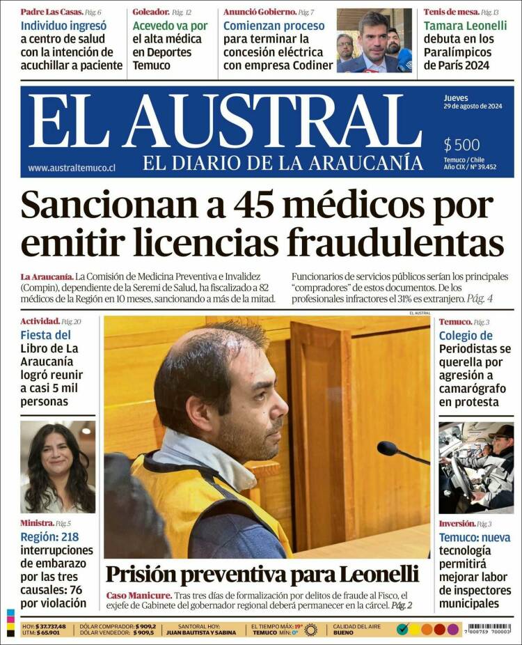 Portada de El Austral de Temuco (Chile)