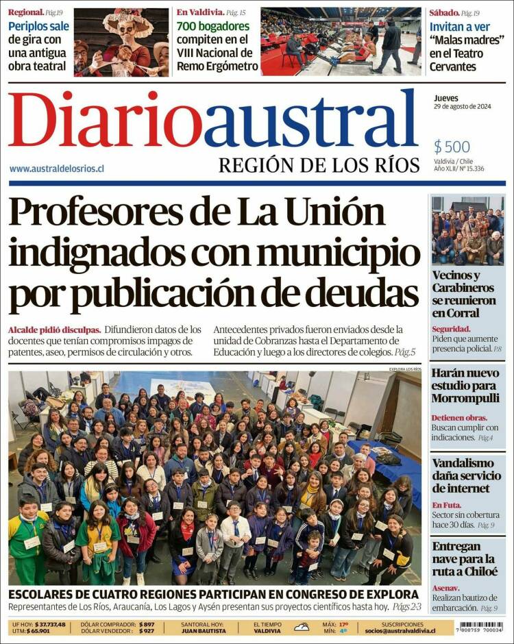Portada de El Diario Austral de Valdivia (Chile)