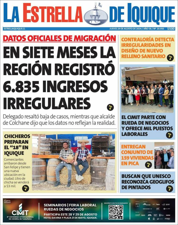 Portada de La Estrella de Iquique (Chile)