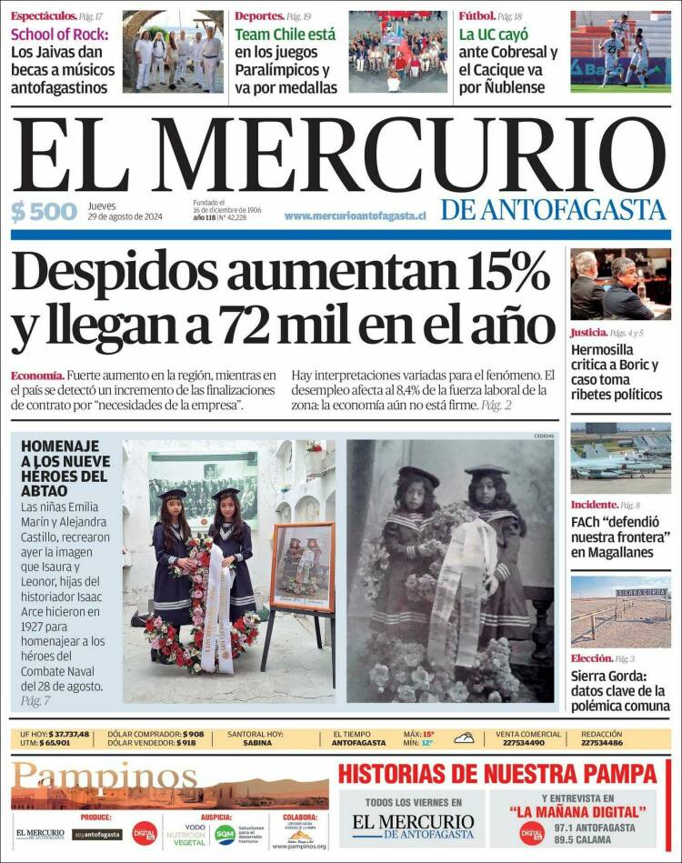 Portada de El Mercurio de Antofagasta (Chile)
