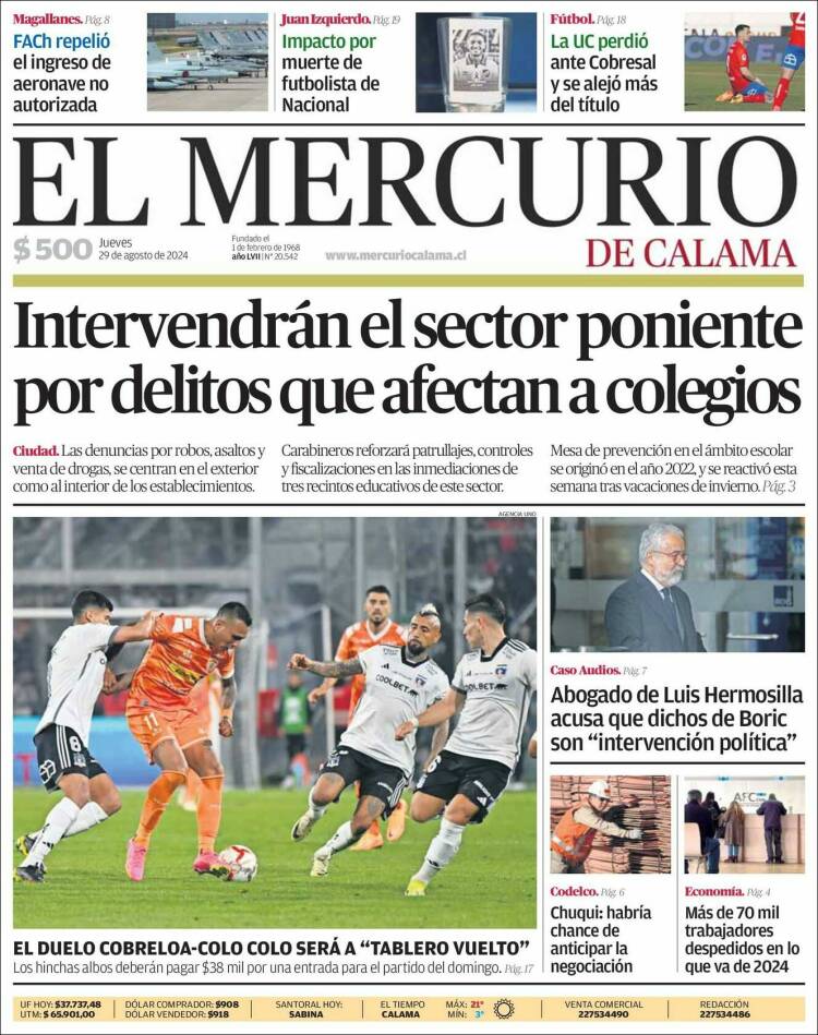 Portada de El Mercurio - Calama (Chile)