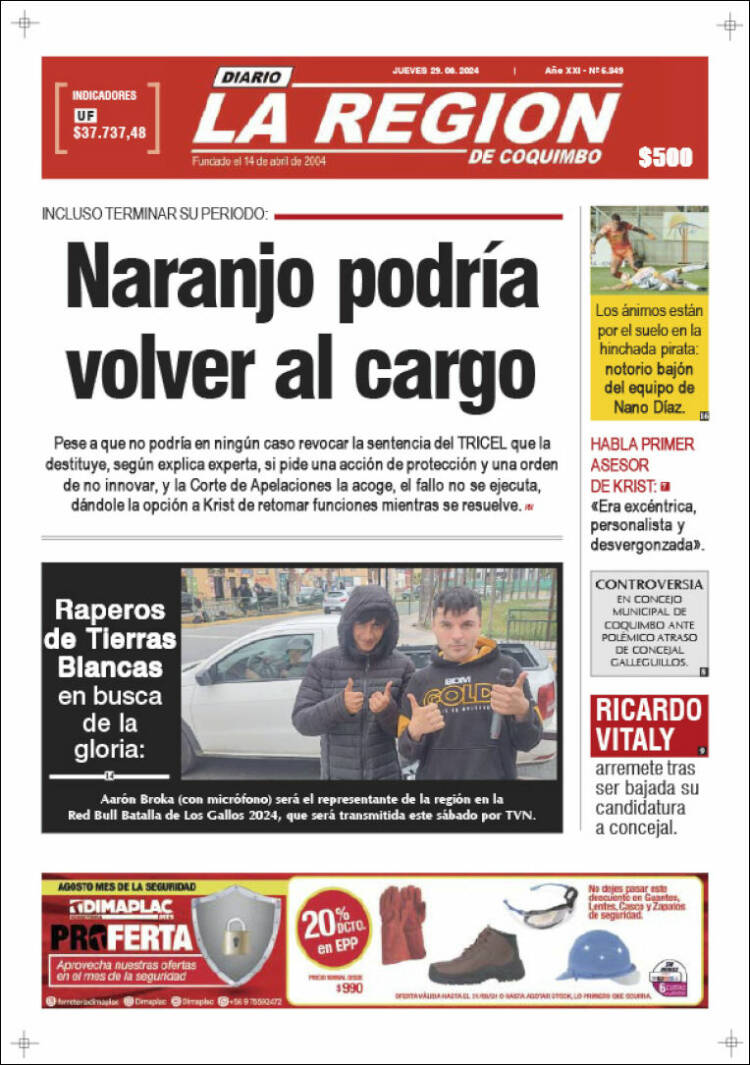 Portada de Diario La Región de Coquimbo (Chile)