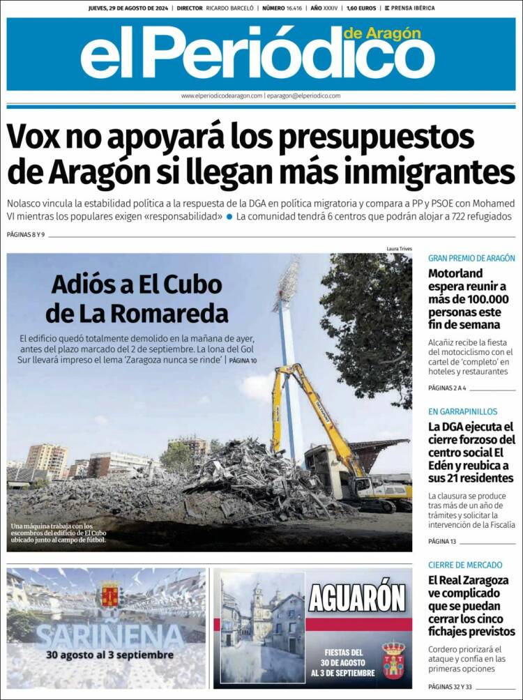 Portada de El Periódico de Aragón (España)