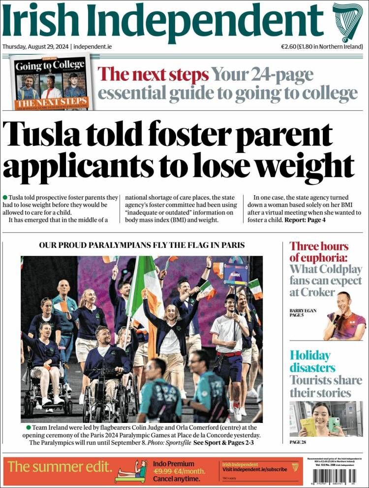 Portada de Irish Independent (Irlanda)