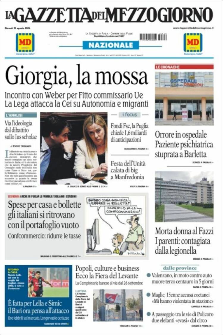 Portada de La Gazzetta del Mezzogiorno (Italia)