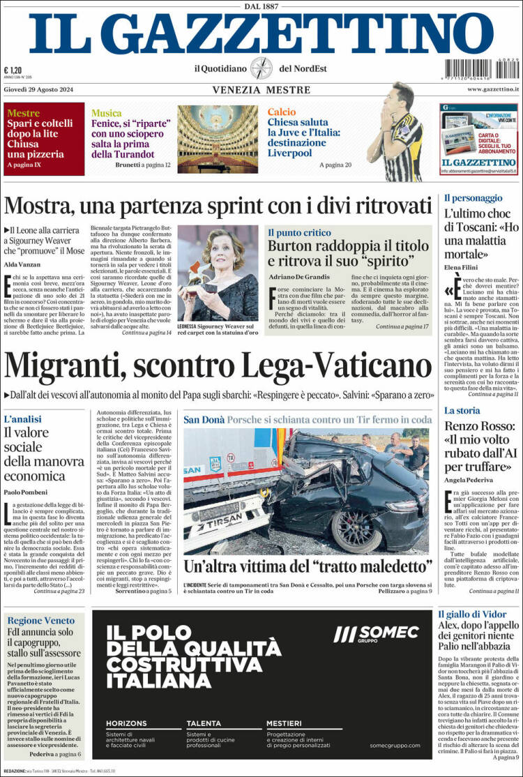 Portada de Il Gazzettino (Italia)