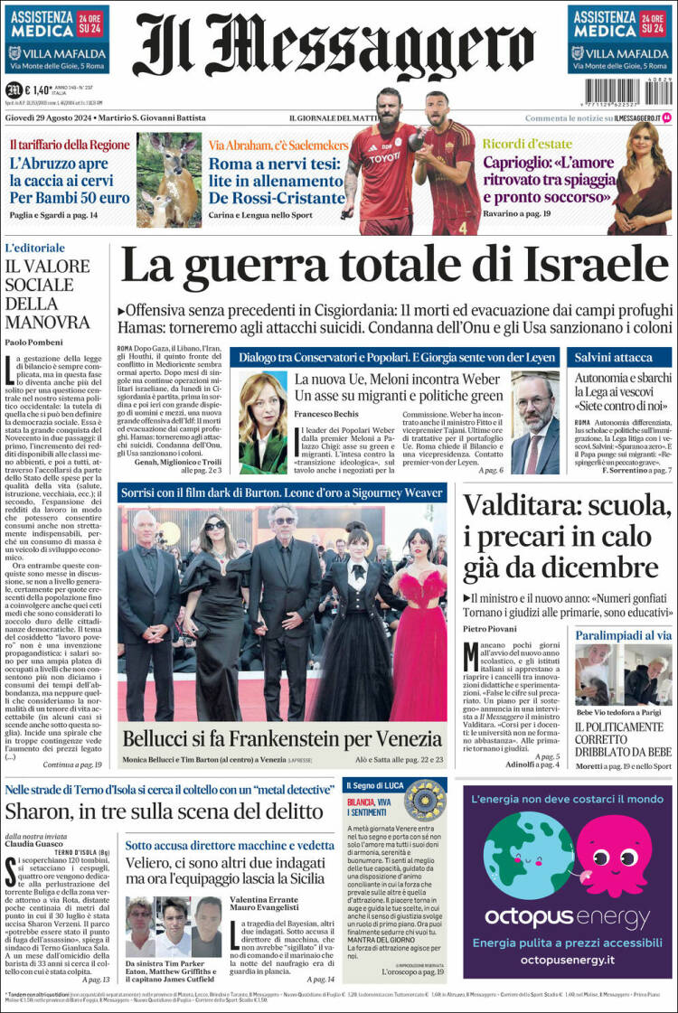 Portada de Il Messaggero (Italia)