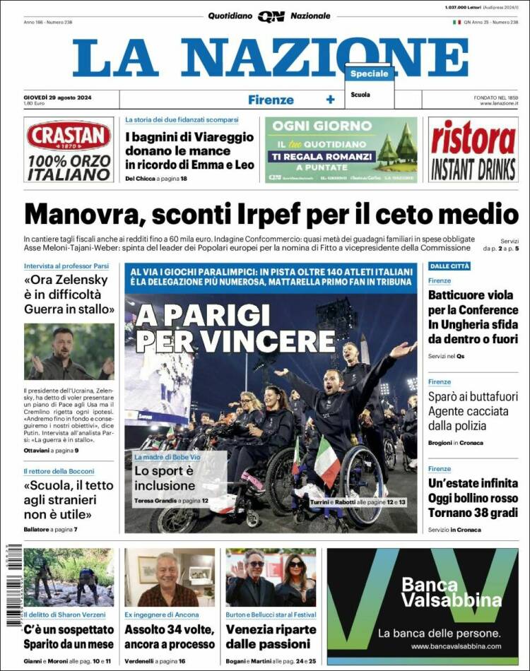 Portada de La Nazione (Italia)