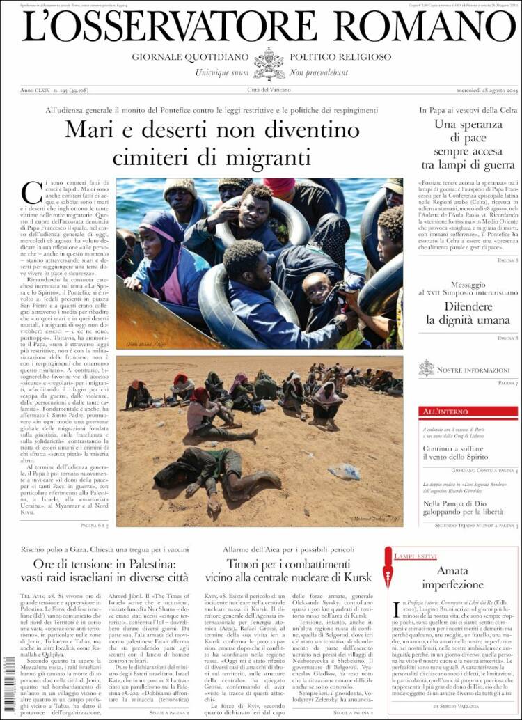Portada de L'Osservatore Romano (Italia)