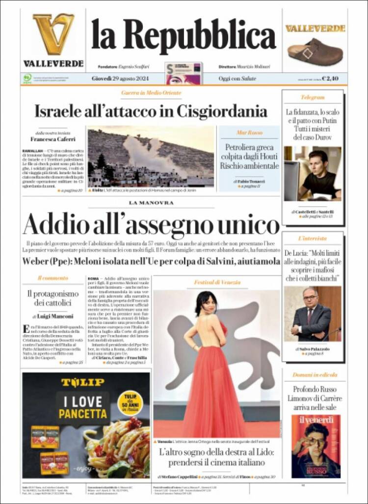 Portada de La Repubblica (Italia)