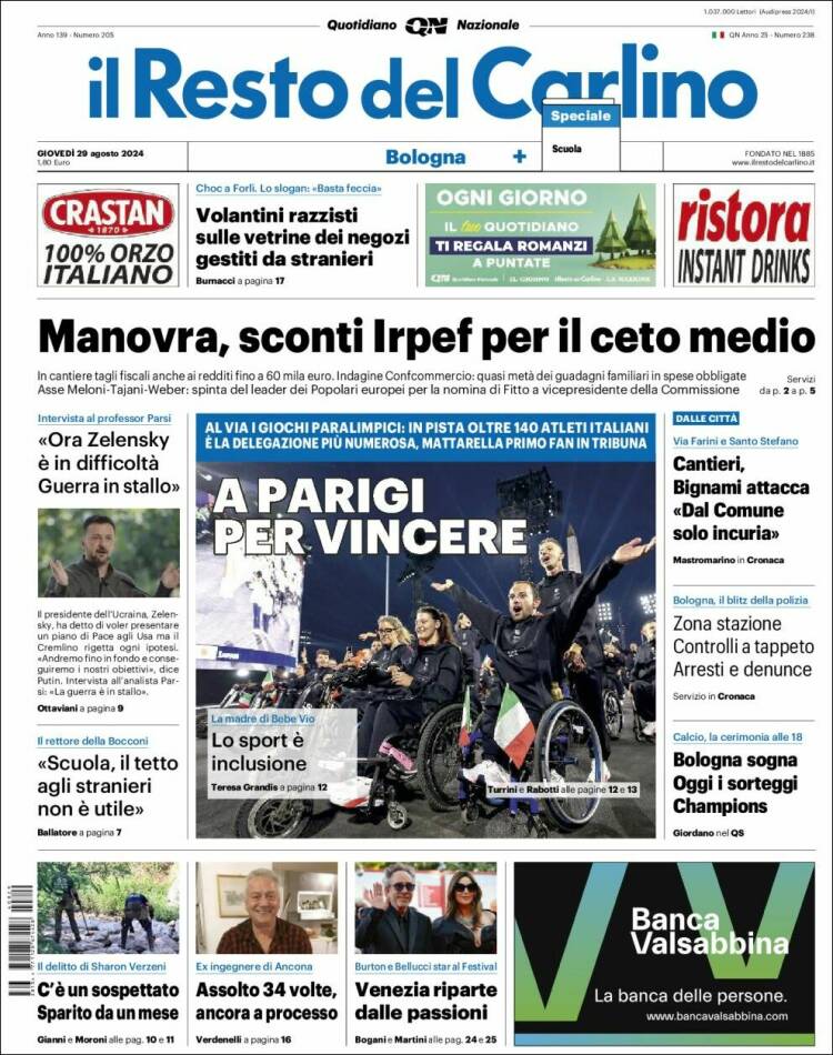 Portada de Il Resto del Carlino (Italia)