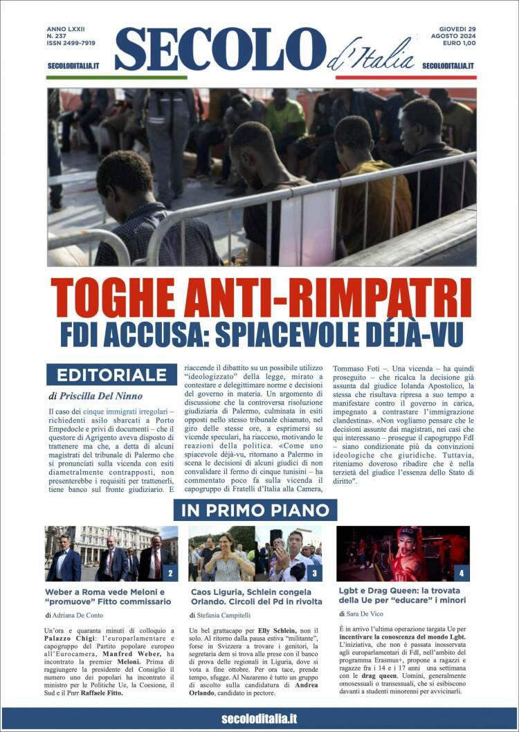 Portada de Secolo d'Italia (Italia)